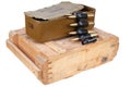 Ammo Box with ammunition belt and 14.5Ãâ114mm cartridges for a 14.5 mm KPV heavy machine gun used by the former Soviet Union. Text Royalty Free Stock Photo